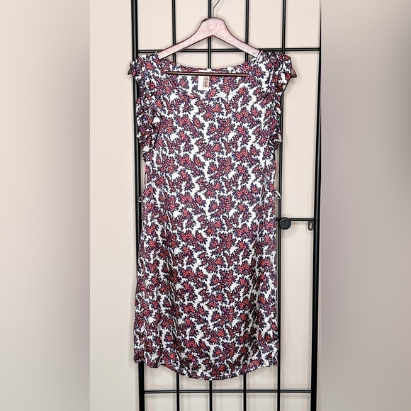 Anthropologie Dresses & Skirts - Anthropologie Satin Floral Ruffle Cap Sleeve Shift Dress Sz S